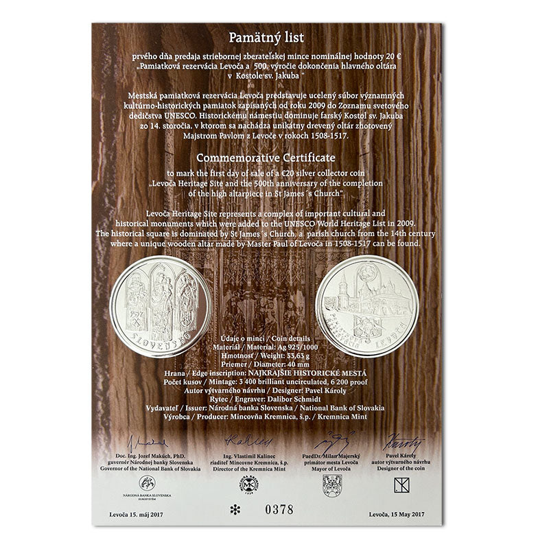 Pamätný list 20 EURO/2017 - Levoča, pamiatková rezervácia a 500. výročie dokončenia hlavného oltára v Kostole sv. Jakuba