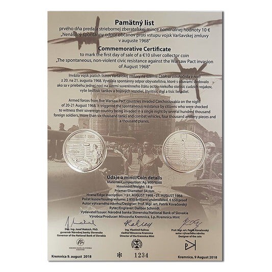 Pamätný list 10 EURO/2018 - Nenásilný spontánny odpor občanov proti vstupu vojsk Varšavskej zmluvy v auguste 1968